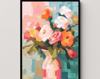 Charming Bouquet Cross Stitch Pattern - Colorful Flowers in Pink Vase | Instant Download PDF | Abstract Cross Stitch