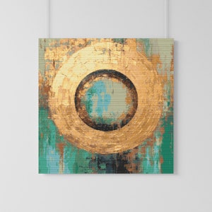 Op de afbeelding: Abstract schilderij met een grote gouden cirkel in het midden. De cirkel bevat een kleinere, donkerblauwe cirkel. De achtergrond is een mix van groen, blauw en bruin.