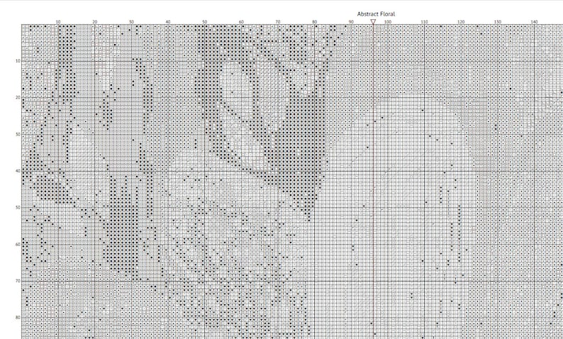 May include: Black and white cross stitch pattern featuring a floral design. The pattern is displayed on a grid with black squares indicating stitches.