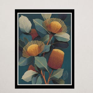 May include: Botanical illustration of Banksia flowers in shades of yellow, orange, and brown, set against a teal background. The artwork features detailed leaves in muted green and white, framed with a black border.