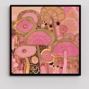 May include: A framed artwork featuring a stylized illustration of mushrooms in shades of pink, peach, and gold. The artwork has a retro, psychedelic aesthetic, with detailed patterns and textures. The mushrooms have pink caps and green gills.