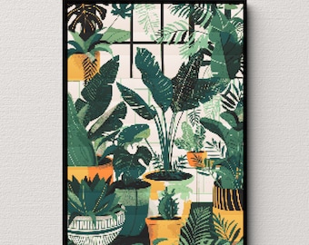 May include: A framed print featuring a colourful illustration of a variety of potted plants in a room with a window. The plants are in various shades of green and have yellow pots.