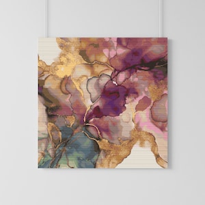 May include: Abstract art print featuring a swirling design of pink, purple, and gold hues. The colors blend together to create a unique and eye-catching piece.