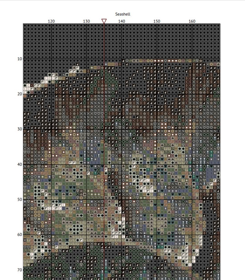May include: A cross-stitch pattern featuring a seashell with a detailed design of various colors, including brown, green, white, and black.