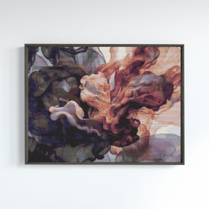 Puede incluir: Impresión de arte abstracto con formas giratorias y fluidas en tonos de morado, rosa y marrón. Los colores se mezclan para crear una sensación de movimiento y energía.