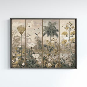 May include: A rectangular wall art piece featuring a four-panel botanical landscape. The scene displays muted tones of beige, sage green, and yellow, depicting palm trees, various wildflowers, and birds in flight against a cloudy, soft-toned sky.