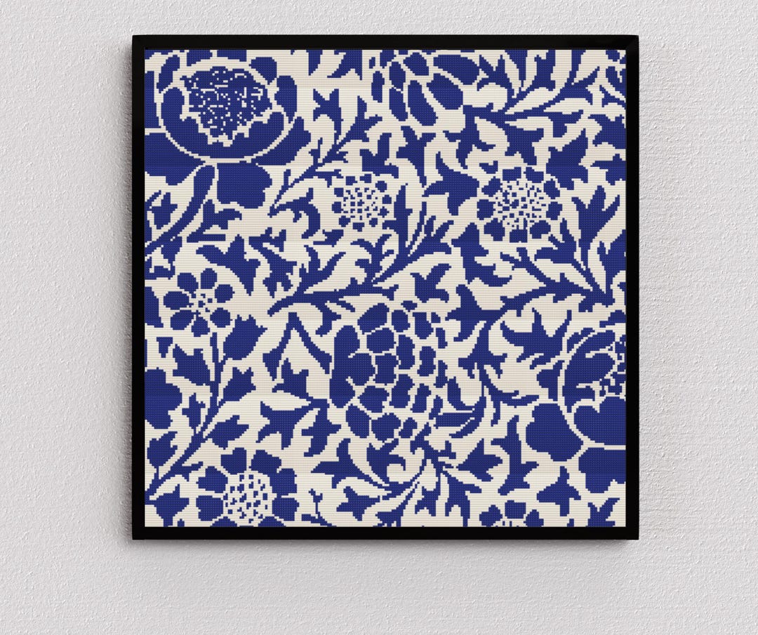 Blue Floral Cross Stitch Pattern | Classic Monochrome Embroidery (PDF ...