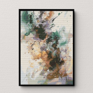 May include: Abstract painting with splashes of green, brown, and white paint on a white background.