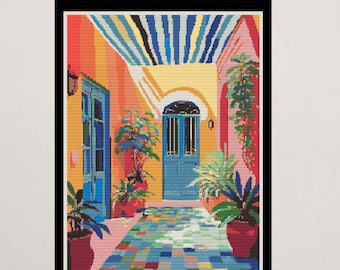 Mediterranean Courtyard Cross Stitch Pattern | Colorful Doorway (PDF)