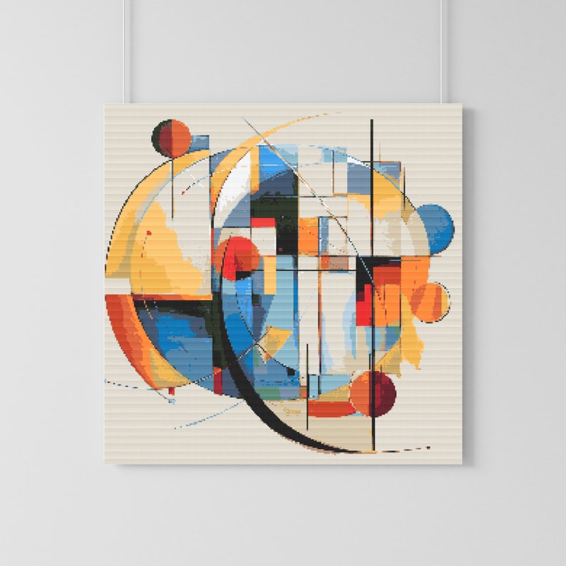 May include: Abstract geometric art print featuring a mix of yellow, orange, red, blue, and black shapes. The shapes are arranged in a circular pattern with a white background.