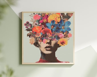 Floral Woman Cross Stitch Pattern | Maximalist Portrait Embroidery (PDF)