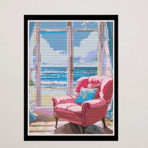 Puede incluir: Una impresión artística pixelada que presenta un sillón rosa con un cojín azul, situado frente a una ventana con vistas a la playa y el océano. La obra de arte tiene una estética retro, con un marco negro y una paleta de colores pastel serena.