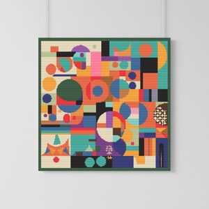 Puede incluir: Patrón geométrico abstracto con círculos, cuadrados y rectángulos en varios colores, incluyendo rojo, naranja, amarillo, verde, azul, morado y negro.