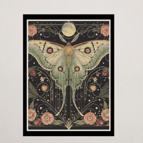 Kreuzstichmuster Luna Motte | Jugendstil Blumenstickerei (Digitaler Download)