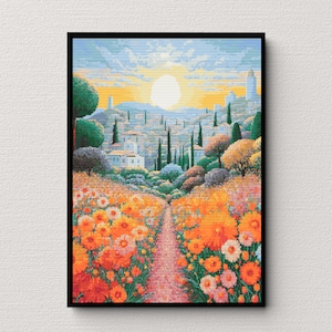 May include: A painting depicting a colourful landscape with a path winding through a field of orange and yellow flowers. The path leads to a small town in the distance, with a bright sun shining in the sky.