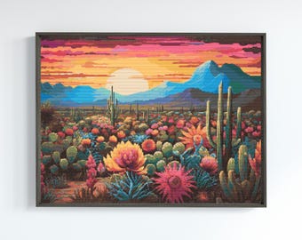 May include: A painting of a desert landscape at sunset with colorful flowers and cacti. The sky is a vibrant orange and pink, and the sun is setting behind a mountain range.