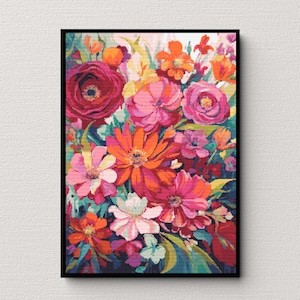 Può includere: Un vibrante bouquet di fiori con fiori rosa, rossi e arancioni. I fiori sono disposti in un vaso e sono circondati da foglie verdi.