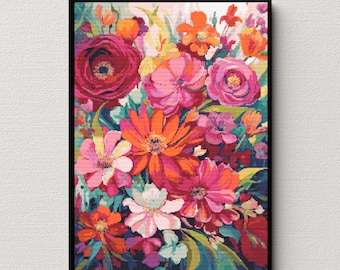 Vibrant Roses and Daisies Cross Stitch Pattern - Lively Floral Design | Instant Download PDF | Floral Cross Stitch | Digital Pattern