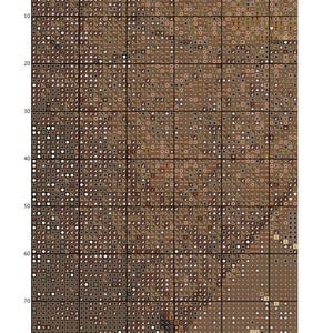 May include: A cross-stitch pattern for a golden ammonite. The pattern is made up of a variety of brown, white, and black squares. The pattern is labeled "Golden Ammonite" and is part of a larger cross-stitch project.