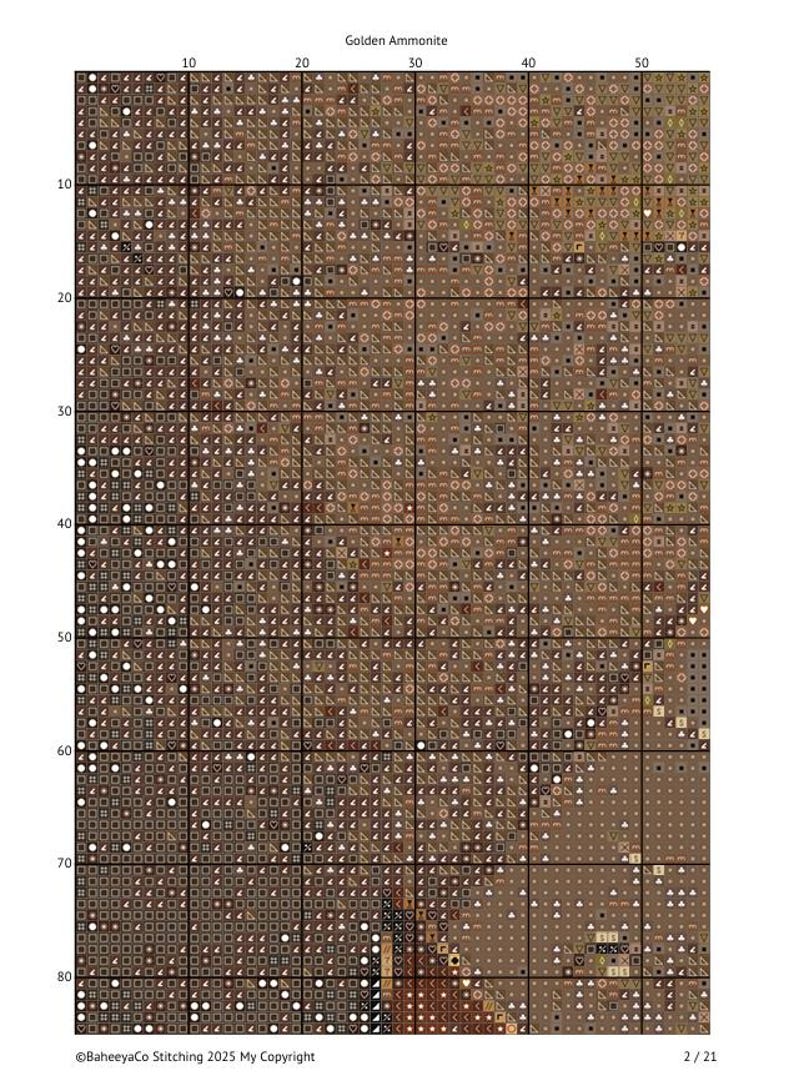 May include: A cross-stitch pattern for a golden ammonite. The pattern is made up of a variety of brown, white, and black squares. The pattern is labeled "Golden Ammonite" and is part of a larger cross-stitch project.