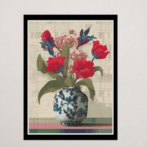 May include: A framed floral print featuring a vase filled with red tulips, pink flowers, and blue-accented leaves. The vase has a blue and white floral pattern. The background is a neutral color with a grid-like design.