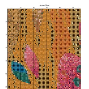 May include: Abstract floral cross stitch pattern with a mix of orange, yellow, pink, blue, and green colours.
