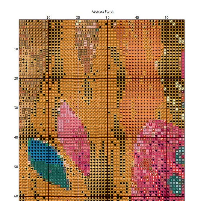May include: Abstract floral cross stitch pattern with a mix of orange, yellow, pink, blue, and green colours.