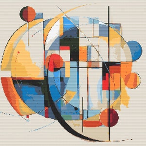 May include: Abstract geometric art print featuring overlapping circles, squares, and rectangles in shades of blue, yellow, red, and black on a beige background.