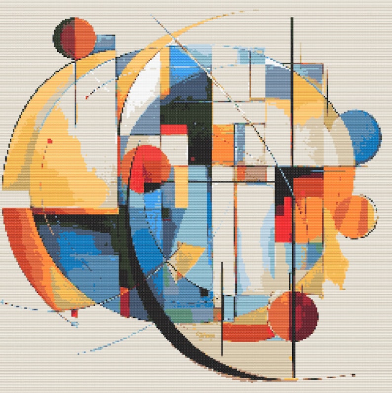 May include: Abstract geometric art print featuring overlapping circles, squares, and rectangles in shades of blue, yellow, red, and black on a beige background.
