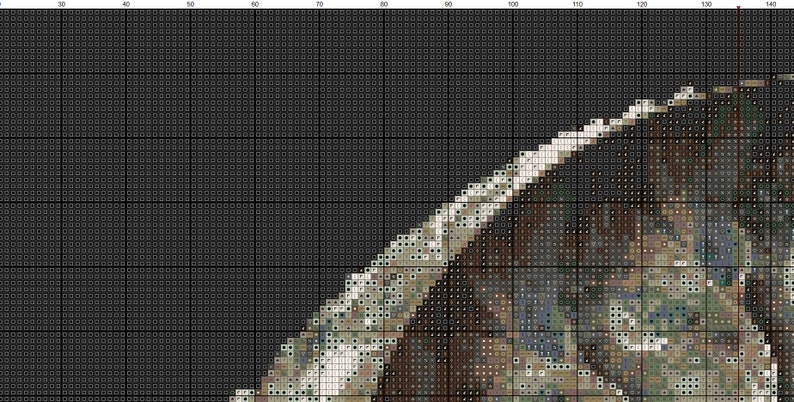 May include: A close-up of a cross-stitch pattern featuring a detailed image of a brown and white dog with a black nose. The dog is looking to the right and has a white patch on its chest. The background is a dark gray color.