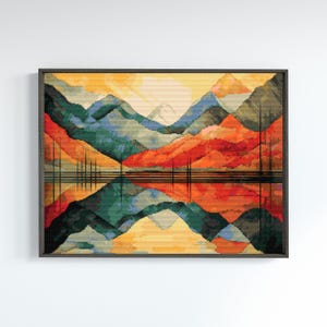 Mountain Sunset Cross Stitch Pattern - Geometric Landscape (Digital Download)