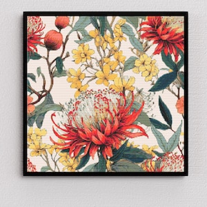 Puede incluir: Un estampado floral con flores rojas y amarillas y hojas verdes sobre un fondo blanco.