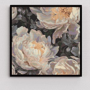 May include: A close-up of a floral print featuring white and cream peonies against a dark background. The peonies are arranged in a cluster, with their petals overlapping and creating a sense of depth. The dark background provides a stark contrast to the light flowers, making them stand out.