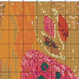 May include: A digital cross-stitch pattern featuring a floral design with pink, red, orange, yellow, blue, and black flowers on a yellow background.