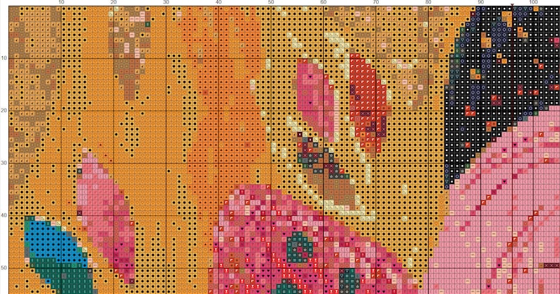 May include: A digital cross-stitch pattern featuring a floral design with pink, red, orange, yellow, blue, and black flowers on a yellow background.