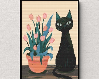 Kreuzstichmuster Katze und Tulpen - Modern Boho (Digitaler Download)