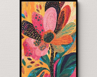 Sunlit Garden: Vibrant Floral Cross Stitch Pattern | Instant Download PDF | Abstract Cross Stitch | Cross Stitch Pattern