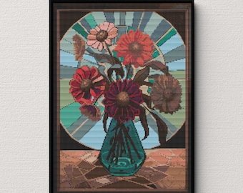 Stained Glass Florals Cross Stitch Pattern – Teal Vase (Digital Download)