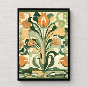 May include: A framed art print featuring a stylized floral design with orange, green, and cream colors. The design is reminiscent of Art Nouveau style.