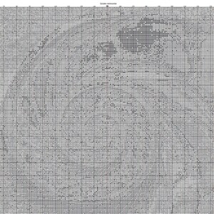 May include: A black and white cross-stitch pattern with a detailed design of a woman's face. The pattern is on a grid with numbered squares.