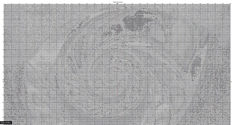 May include: A black and white cross-stitch pattern with a detailed design of a woman's face. The pattern is on a grid with numbered squares.