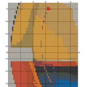 May include: Geometric abstract art with a pixelated design. The artwork features a variety of colors, including yellow, orange, red, black, and blue. The design is made up of small squares and triangles.