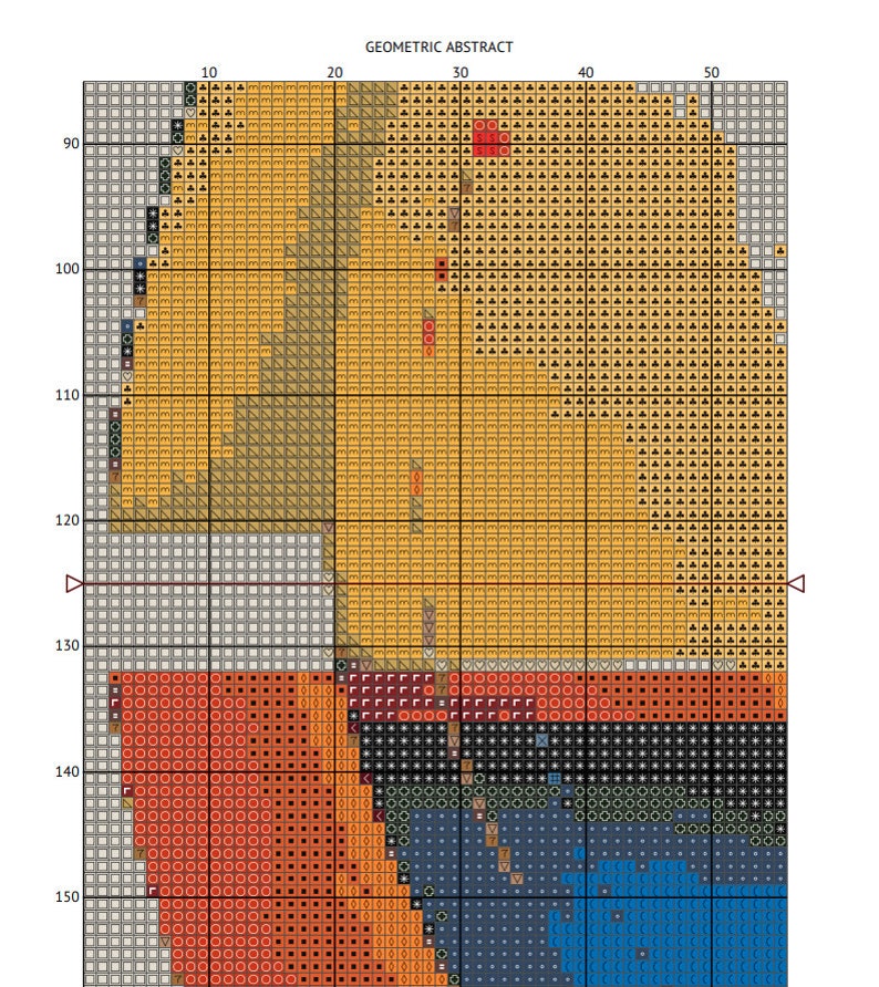 May include: Geometric abstract art with a pixelated design. The artwork features a variety of colors, including yellow, orange, red, black, and blue. The design is made up of small squares and triangles.