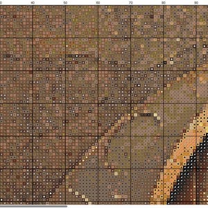 May include: Close-up of a brown, gold, and black abstract painting with a textured surface. The painting has a swirling, organic design.