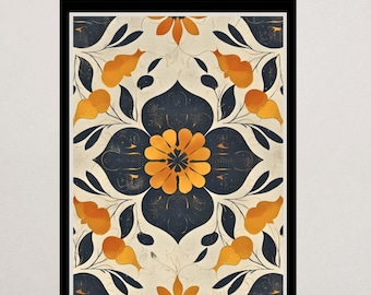 May include: A framed art print featuring a symmetrical floral design. The artwork showcases a central orange flower surrounded by navy blue petal-like shapes and orange leaf accents against a cream background. The print is framed in a black border.