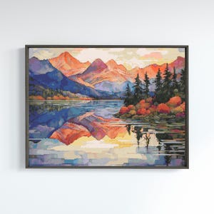 Puede incluir: Una pintura que representa una escena de lago de montaña con un reflejo de las montañas en el agua. Las montañas son una mezcla de azul, morado y naranja. El agua es de un azul profundo con un reflejo del cielo y las montañas. Los árboles son una mezcla de verde y marrón.