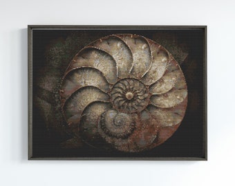 Ammonite Fossil Cross Stitch Pattern | Realistic Paleontology Embroidery (PDF)