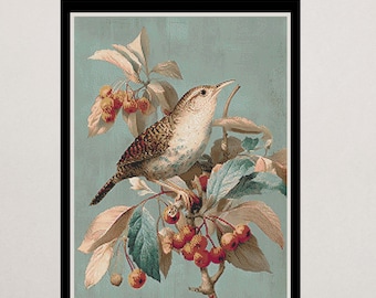 Vintage Botanical Bird Cross Stitch Pattern | Antique Wren Berry Branch (PDF Download)