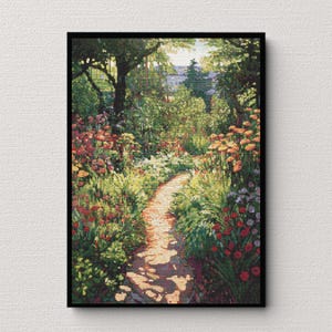 May include: A painting depicting a winding path through a lush garden, featuring vibrant flowers in shades of red, pink, and yellow. The path is bordered by verdant foliage and trees, conveying a sense of serenity and beauty.