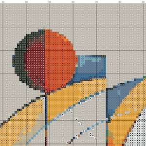 May include: Abstract geometric pattern with a large circle in the upper left corner. The circle is made up of red, orange, green, and black squares. The rest of the pattern is made up of yellow, blue, and white squares.
